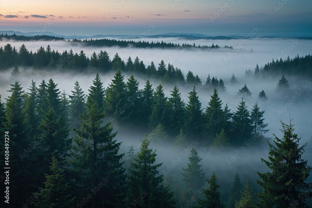 Cedar Forest in Enchanted Twilight with Ethereal Light Filtering Through Mist Cedar Forest in Enchanted Twilight with Ethereal Light Filtering Through Mist
