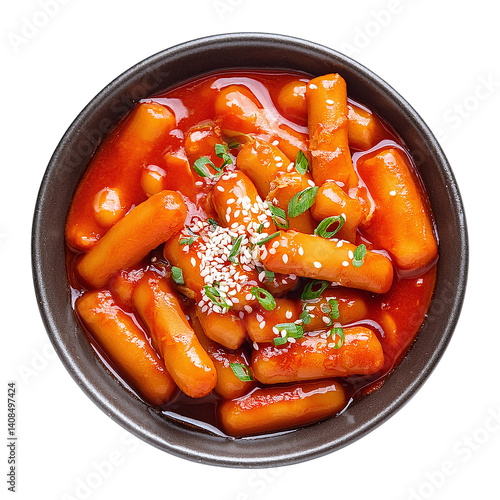 Tteokbokki: A close-up, inviting top-down shot of a bowl brimming with traditional Korean tteokbokki, showcasing the vibrant colors and delicious textures.