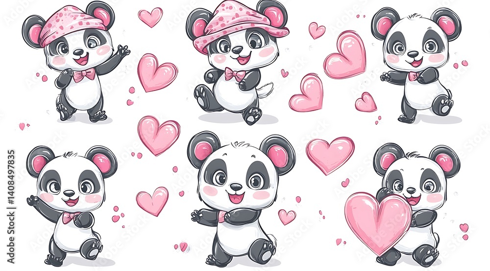 Fototapeta premium design cute animal sticker wear suite with line color style more action in white background isolated on white,clip art ,remain space between border each corner and rainbow and toy and hat and heart