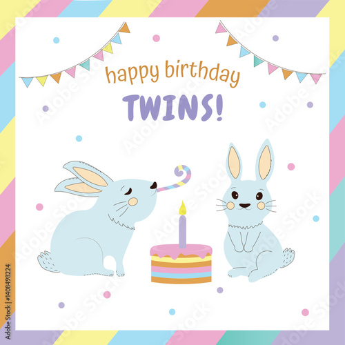 happy birthday twins! Invitation, card with cute bunnies, cake, bunnies