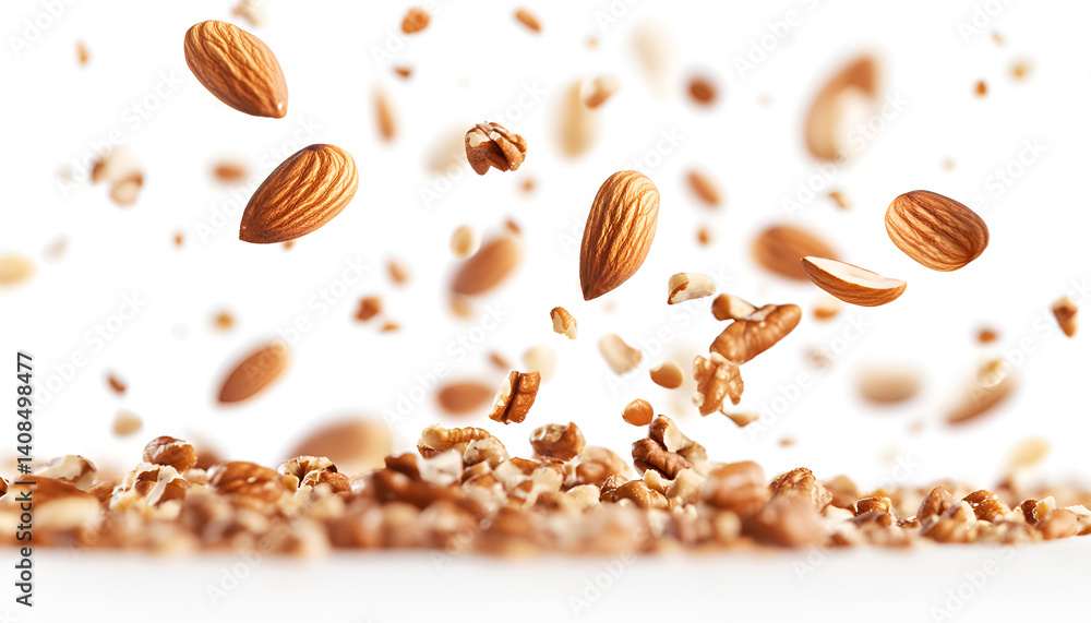 Mixed nuts falling and flying on white background. Almonds, walnuts, cashews, pecans and hazelnuts making a mix of nuts floating on a white background, some big nuts Mixed nuts falling and flying on white background. Almonds, walnuts, cashews, pecans and hazelnuts making a mix of nuts floating on a white background, some big nuts
