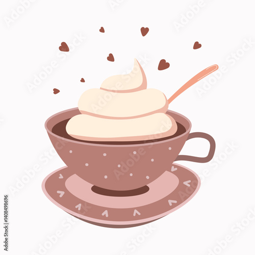 A cup of coffee with lush foam on a saucer in pastel colors on a white background, vector.Cups are decorated with hearts,points,spoon, lush foam