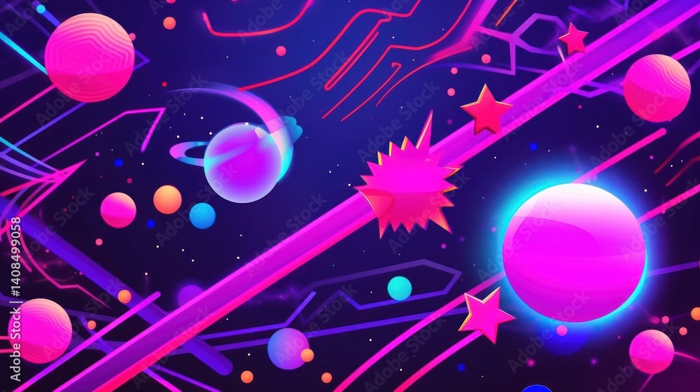 Fototapeta premium Abstract Space Scene with Planets Stars and Geometric Shapes Illustration