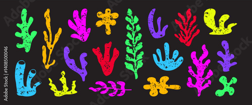 Coral crayon icon, seaweed colorful pastel set. Underwater plant, cartoon organic shape, cute sea fish doodle chalk color. Marine floral collage hand drawn on chalkboard. Tropical vector illustration