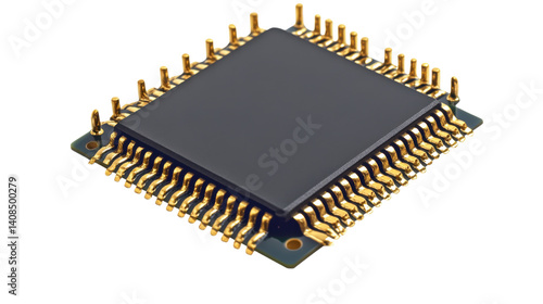 Close-Up of Microchip with Gold-Plated Pins on Clean White Background – Advanced Technology, Computer Hardware, and Electronic Component Design for Digital Innovation