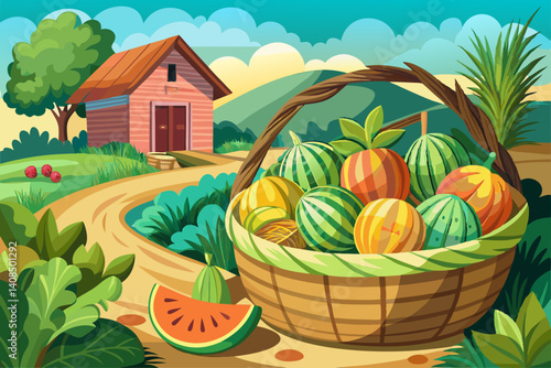 vector of A wicker basket full of melons in a rural setting