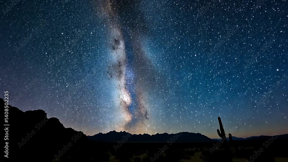 Milky way galaxy shining brightly over a desert landscape with mountains and a cactus silhouette Milky way galaxy shining brightly over a desert landscape with mountains and a cactus silhouette