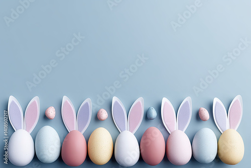 Colorful Easter eggs with bunny ears arranged on a soft blue background, creating a festive atmosphere