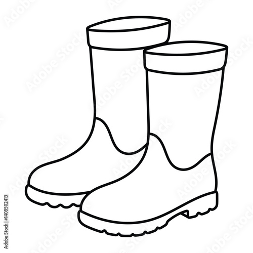 Rubber boots vector illustration. Hand-drawn doodle style pair of rain boots. Black line art isolated on white background.