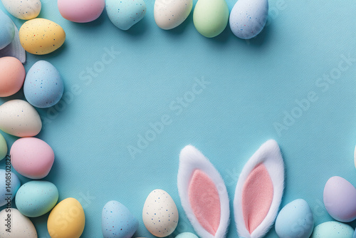 Colorful Easter eggs arranged in a playful border with bunny ears on a blue background