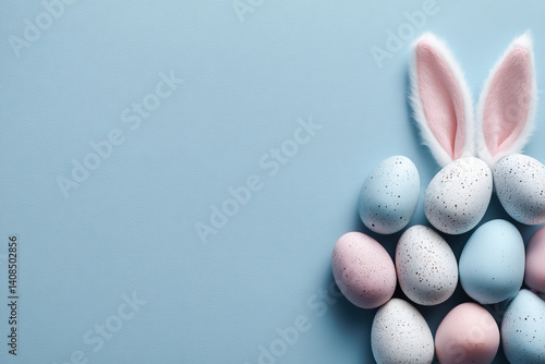 Colorful Easter eggs arranged on a blue background with bunny ears, perfect for festive celebrations
