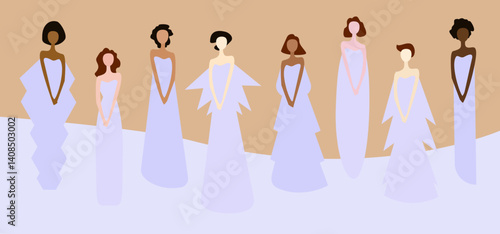 Isolated young women standing in violet dress. set on a light backgrond. Simple figure without face.Illustrations of women with different hairstyles, skin color. Their clothes are in blue, purple