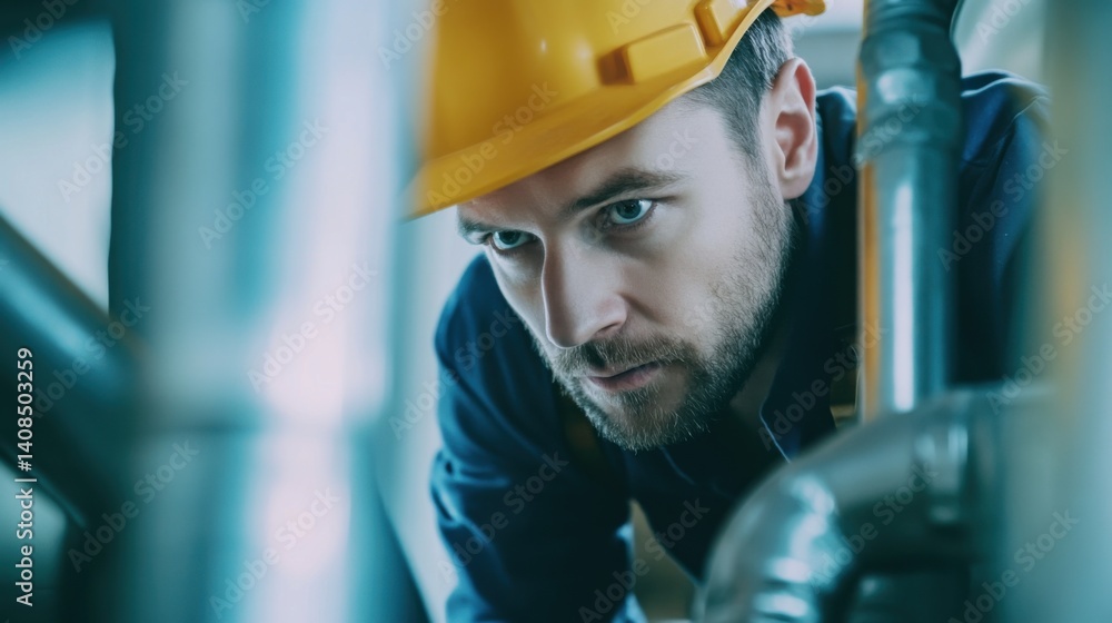 Plumber inspecting pipes at a construction site. Featuring focus and expertise Plumber inspecting pipes at a construction site. Featuring focus and expertise