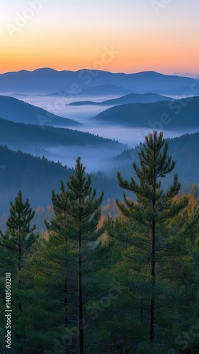 Contour of mountain range, foggy sunrise atmosphere, topographic view, watercolor style