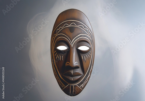 A wooden African mask with patterned engravings