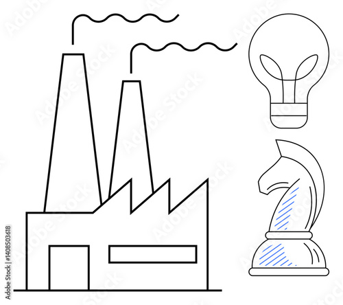 Factory with smokestacks, light bulb as an innovation metaphor, chess knight symbolizing strategy. Ideal for industry, technology, business, manufacturing, strategy, innovation planning flat simple