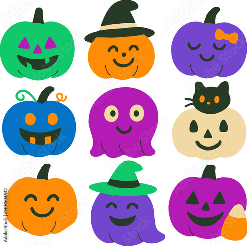 Cute and spooky pumpkins in a naive modern style with bright colors and neon accents. Perfect for Halloween cards, kids design, decorations, and seasonal creative projects.