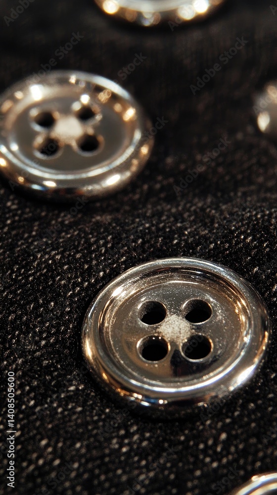 Close-up view of metallic buttons on dark denim.