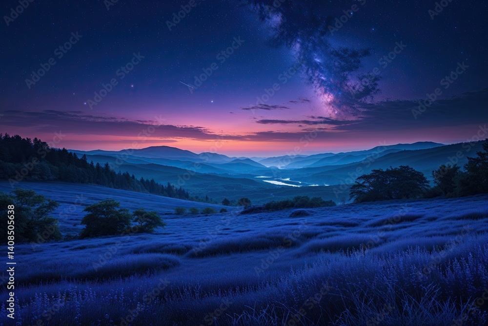 Fototapeta premium Serene Indigo Landscape at Nightfall with Striking Hues and Vivid Beauty