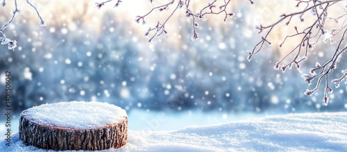 Snowy winter scene with a weathered log stump.