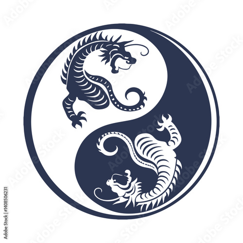 Dragon and Tiger Yin Yang Symbol Balance - Dragon & Tiger Balance Two opposing profiles (dragon’s serpentine body vs. tiger’s fierce stance)