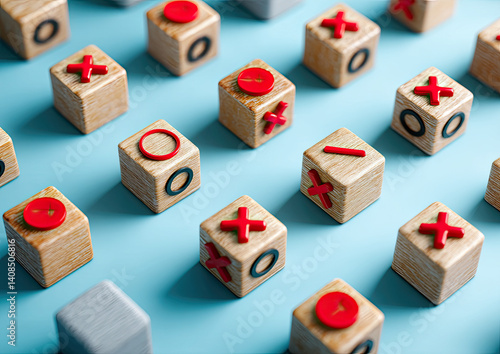 Colorful wooden blocks arranged in a tic-tac-toe pattern on a blue background, showcasing playful game elements