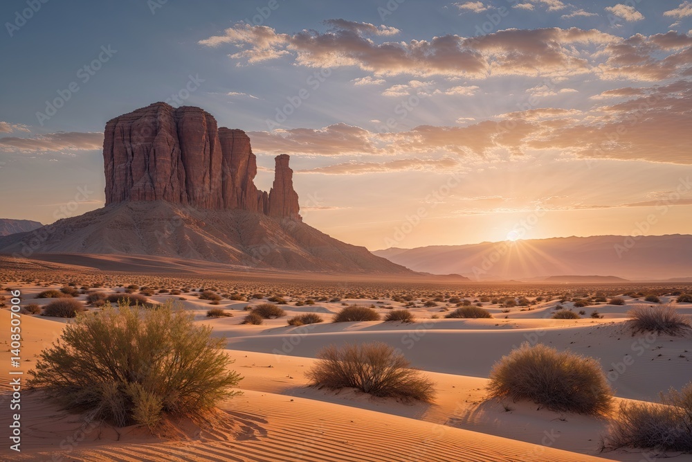 Naklejka premium Explore the Tranquil Desert Landscape at Sunrise