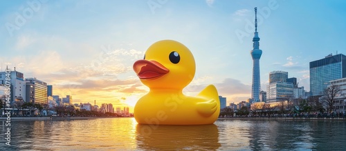 Massive yellow rubber duck floats in a city harbor at sunset.