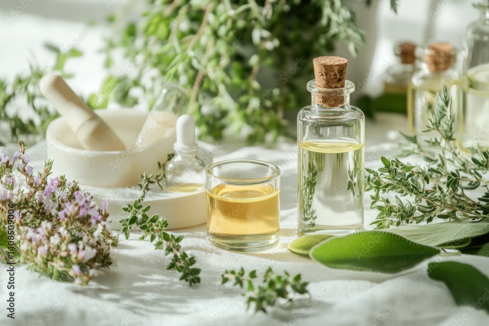 A tranquil scene of essential oils and herbs, arranged in a peaceful still life, perfect for promoting wellness and natural skincare. A tranquil scene of essential oils and herbs, arranged in a peaceful still life, perfect for promoting wellness and natural skincare.