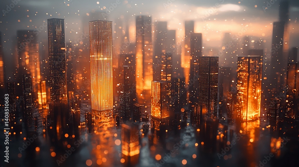 Fototapeta premium Futuristic city ablaze at sunset, glowing orange skyscrapers, digital art