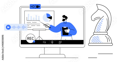 Presenter delivering data visualization on monitor, with recording tools and chess knight for strategy. Ideal for remote work, online learning, data analysis, strategy, communication, planning