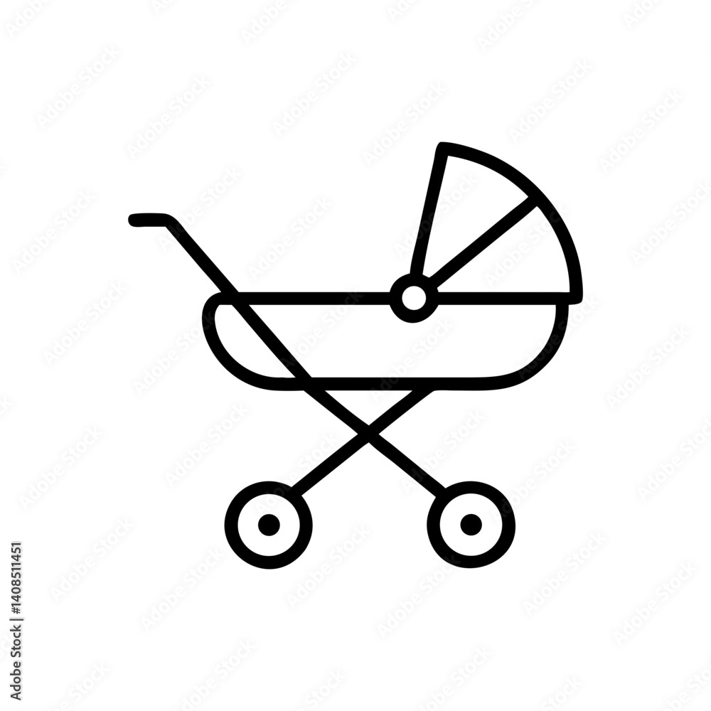 Simple line drawing of a baby carriage with a hood and two small wheels in a minimalist style design Simple line drawing of a baby carriage with a hood and two small wheels in a minimalist style design