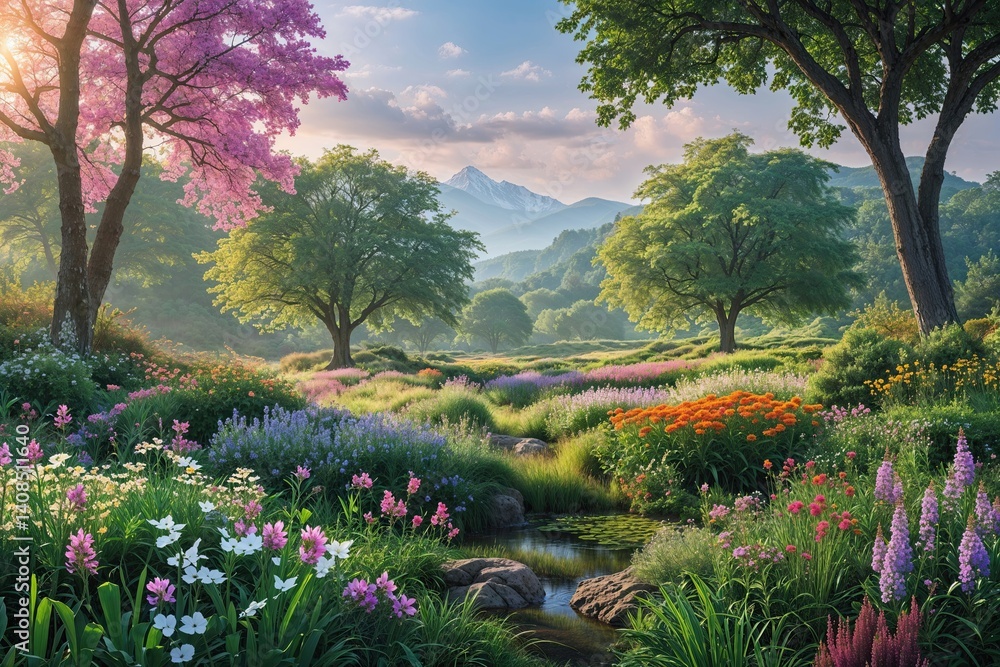 Obraz premium Tranquil Outdoor Nature Landscape Featuring Flowers and Trees in a Vibrant Ecosystem