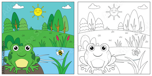 cute cartoon Frog, funny illustration, coloring book