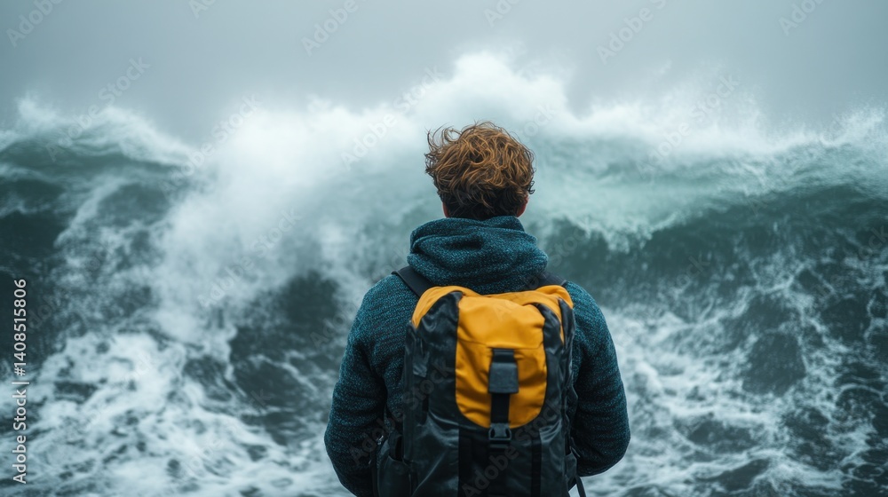 Adventurer with Backpack Facing Stormy Ocean Waves Traveler in Nature Outdoor Exploration Ad Adventurer with Backpack Facing Stormy Ocean Waves Traveler in Nature Outdoor Exploration Ad