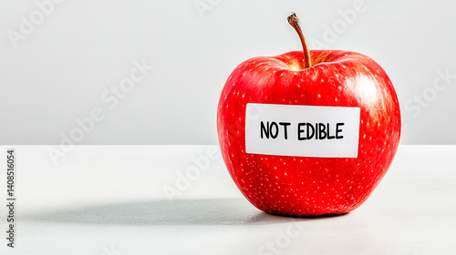 Red apple with not edible sticker raising food safety concerns