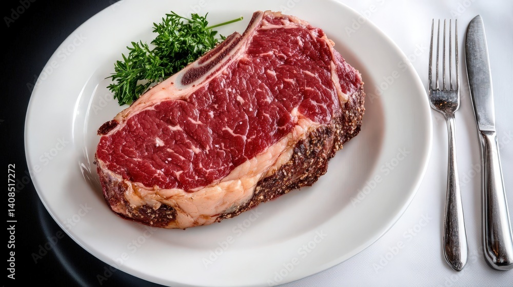 Raw seasoned rib eye steak on white plate with parsley garnish Raw seasoned rib eye steak on white plate with parsley garnish
