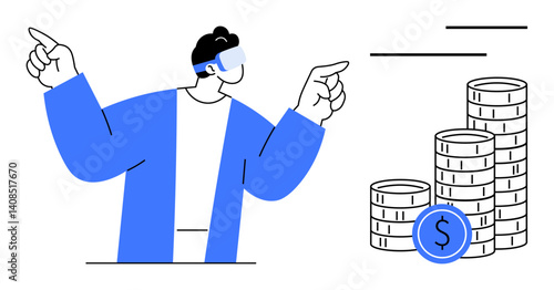 Person wearing VR headset gesturing toward stacked coins and data lines, symbolizing economic growth, innovation, and digital finance. Ideal for technology, finance, investment, virtual economy
