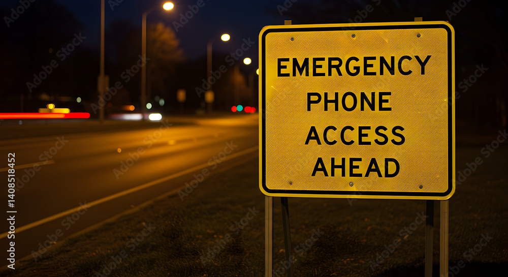 Emergency Phone Access Sign Near Highway During Night With Vehicle Light Streaks Emergency Phone Access Sign Near Highway During Night With Vehicle Light Streaks