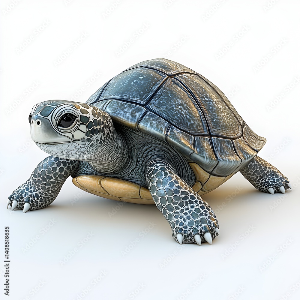 Fototapeta premium A detailed 3D render of a cute baby turtle with a smooth and bright eyes on a white background.