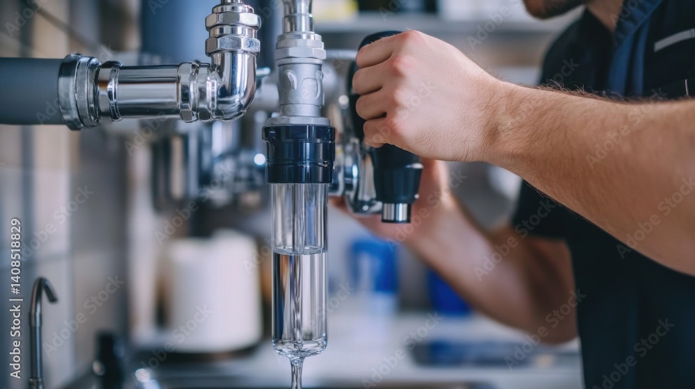 Plumber installing a water filtration system in a kitchen. Featuring health and quality Plumber installing a water filtration system in a kitchen. Featuring health and quality