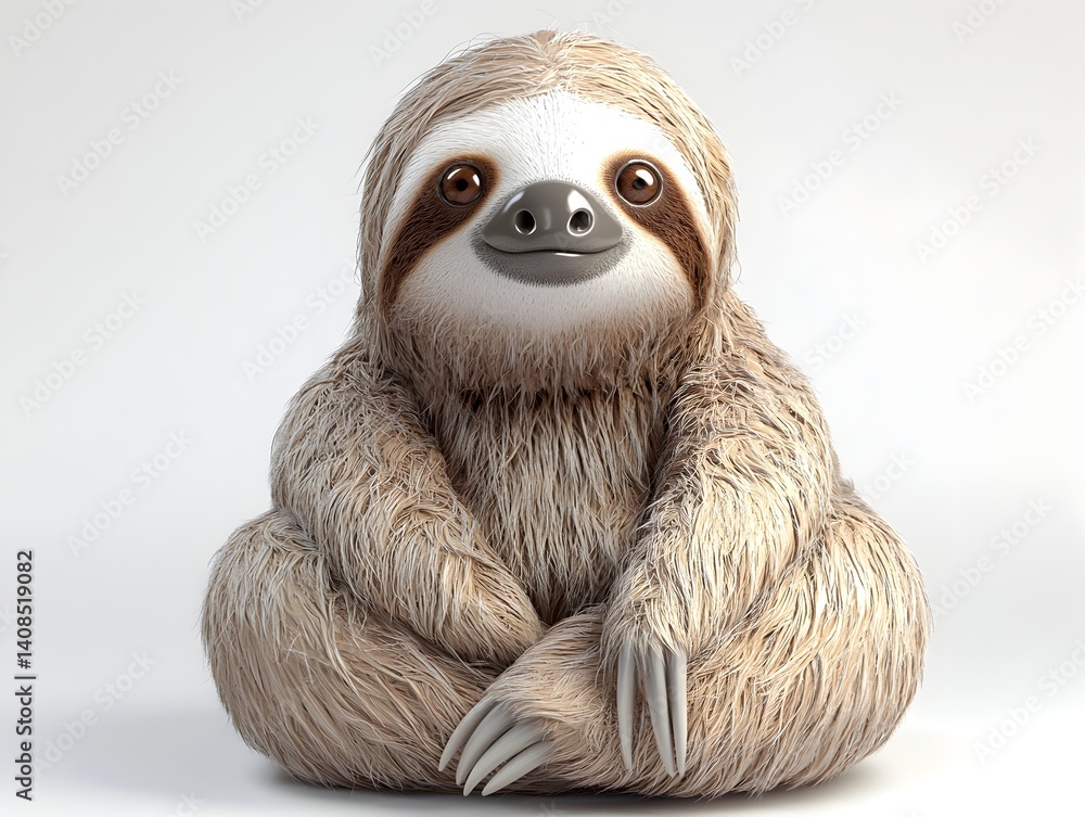 Fototapeta premium An adorable three-toed sloth sits peacefully in a relaxed yoga pose against a bright white background.