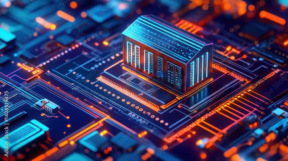 The concept of online banking, represented through a virtual bank displayed on a circuit board, symbolizing the future of finance and technology. The concept of online banking, represented through a virtual bank displayed on a circuit board, symbolizing the future of finance and technology.