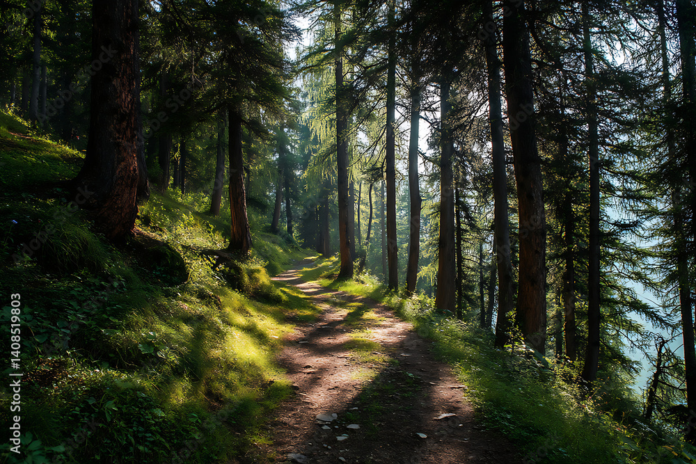 Obraz premium Serene forest path surrounded by tall trees, with sunlight filtering through the leaves and soft shadows on the ground