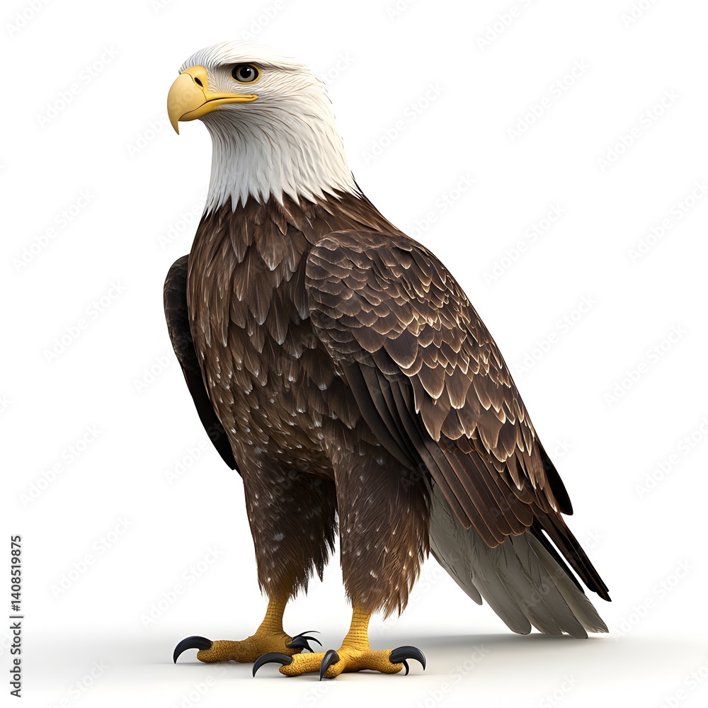 Naklejka premium A majestic bald eagle stands proudly on a white background showcasing its detailed feathers and powerful stance.