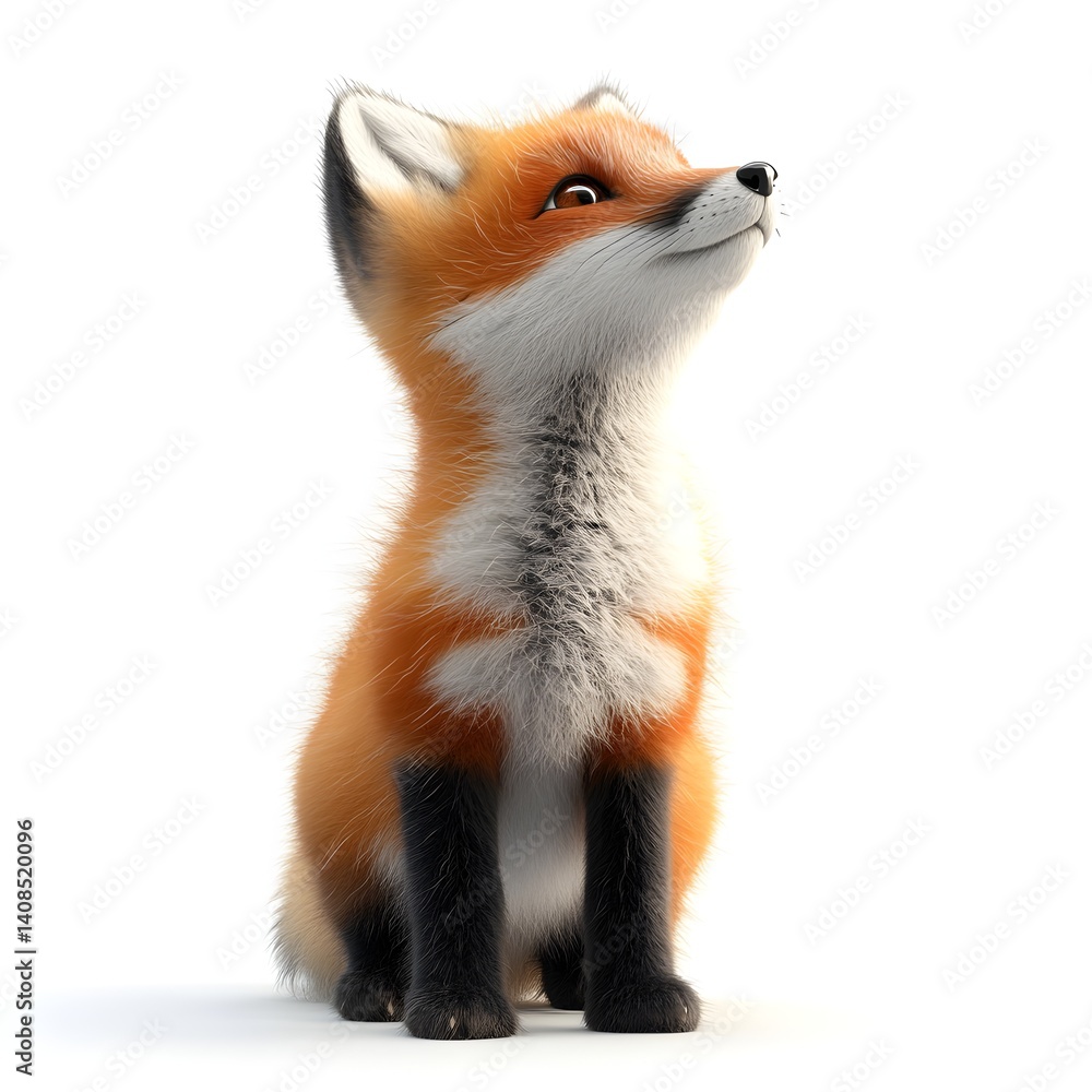 Obraz premium An adorable red fox kit sits looking up with fluffy fur and big curious eyes against a bright white background.