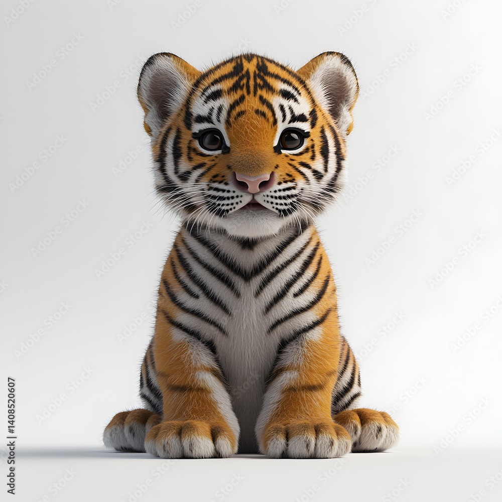 Fototapeta premium An adorable baby tiger cub sits patiently on a white background posing for a charming wildlife portrait photograph.