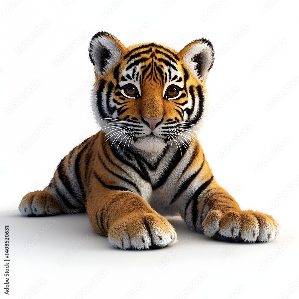 An adorable tiger cub lies down on a white background showcasing its intricate stripes and fluffy fur in a charming pose. An adorable tiger cub lies down on a white background showcasing its intricate stripes and fluffy fur in a charming pose.