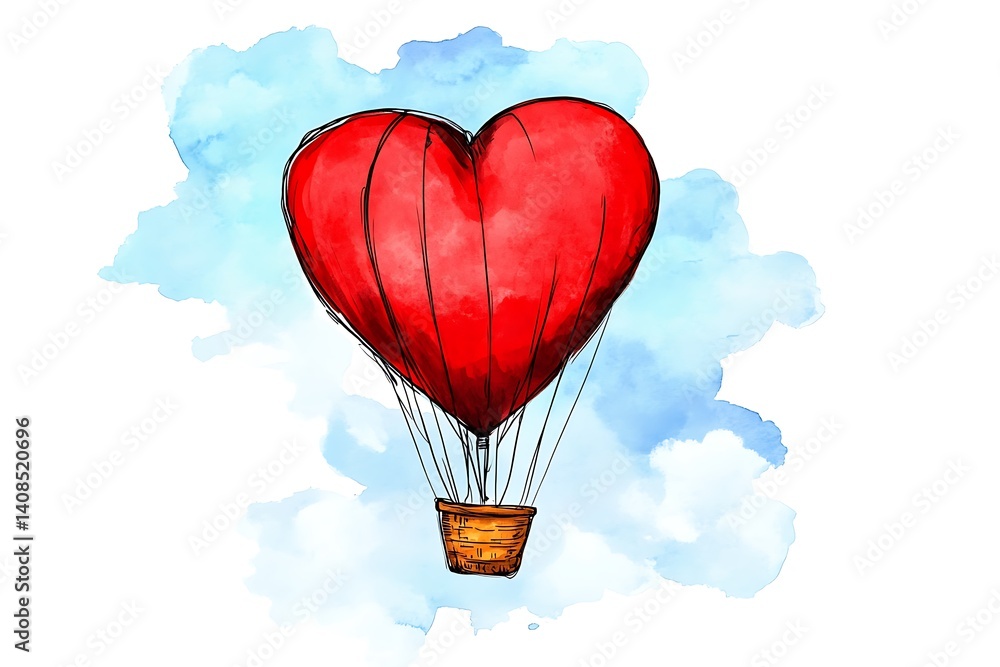 Fototapeta premium Heart-Shaped Hot Air Balloon Floating in Blue Sky with Clouds