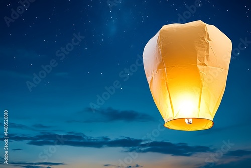 Romantic Sky Lantern Glowing in Night Sky Under Starry Background